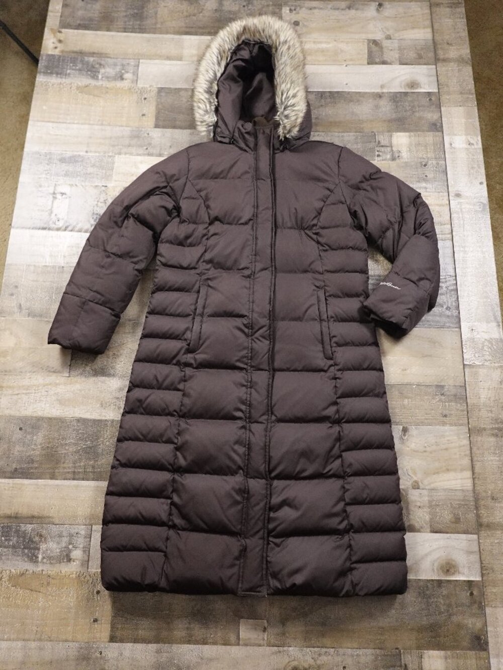Eddie Bauer Down Maxi Coat Women’s Large Brown Faux Fur Hood Long Winter Parka